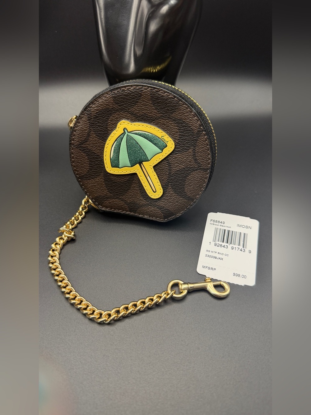 Coach Brown Signature Round Coin Pouch with Green and Yellow Umbrella Patch